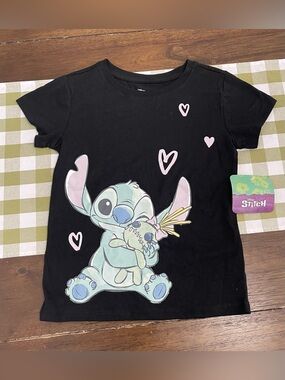 Disney Black Tee with Pastel Stitch and Pink Hearts